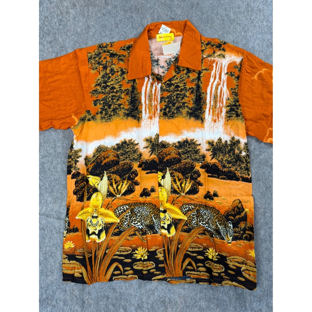 Resort Wear Shirt Mens SM Orange Leopard Waterfall Tropical Beach Festival Camp